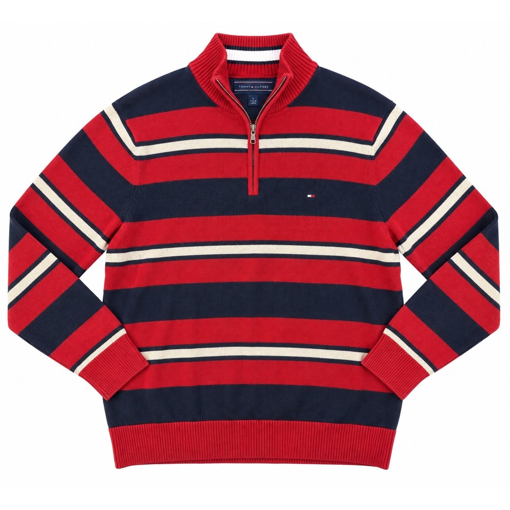 Tommy Hilfiger Quarter Zip Sweater Quiet Luxury Mens XL Red Navy Striped Preppy